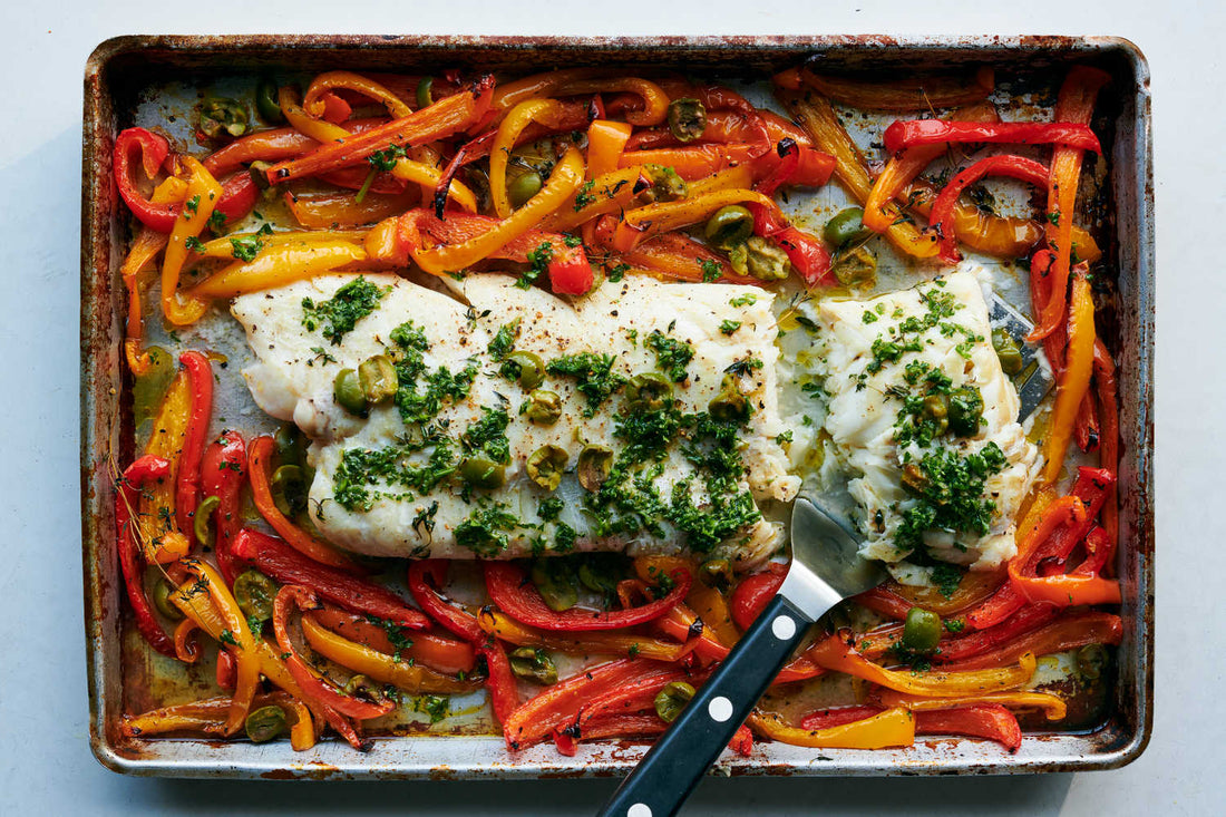 Roasted fish and vegetables